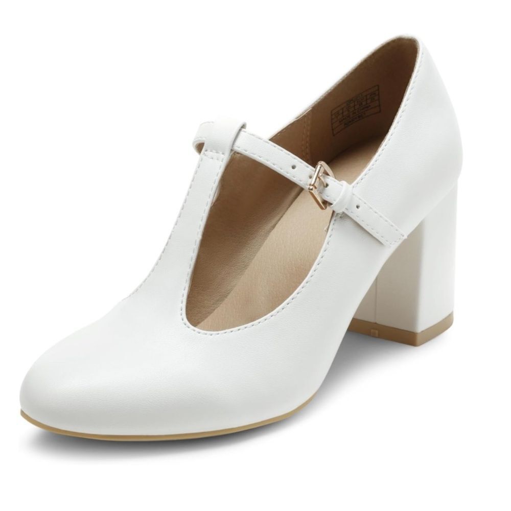 Classic White T-Strap Block Heel Pump